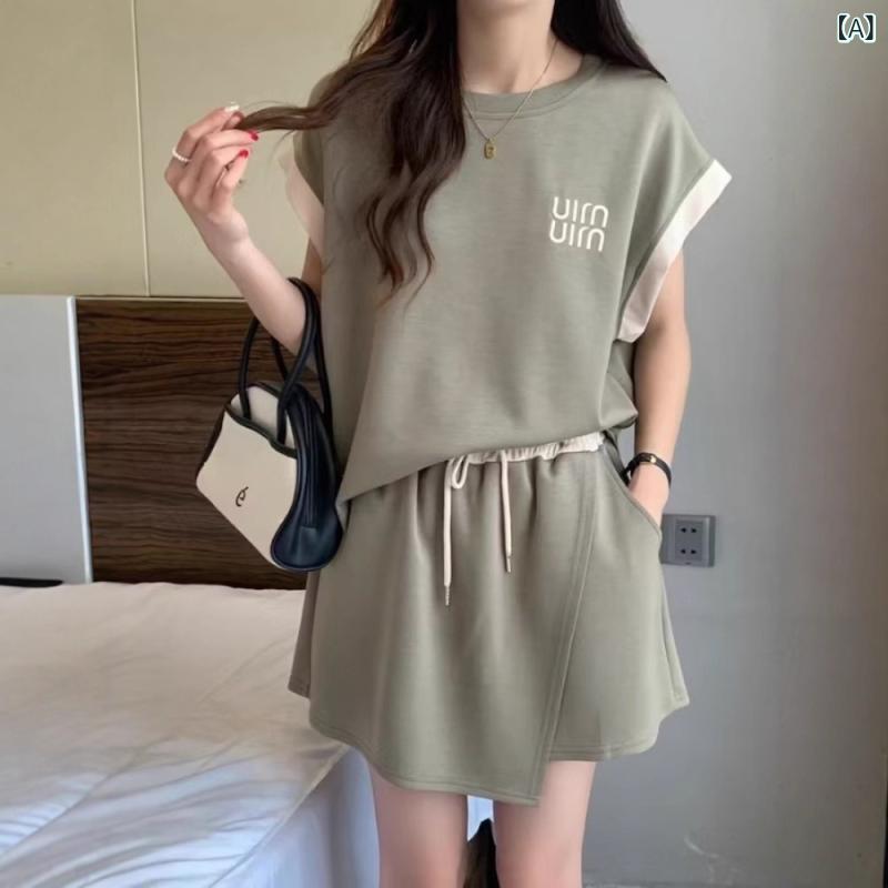 セットアップ レディース 半袖 短パン 2点セット 刺繍 コットン 混紡 部屋着 普段使い 韓国 ファッション 杏色 黒 緑(x2)