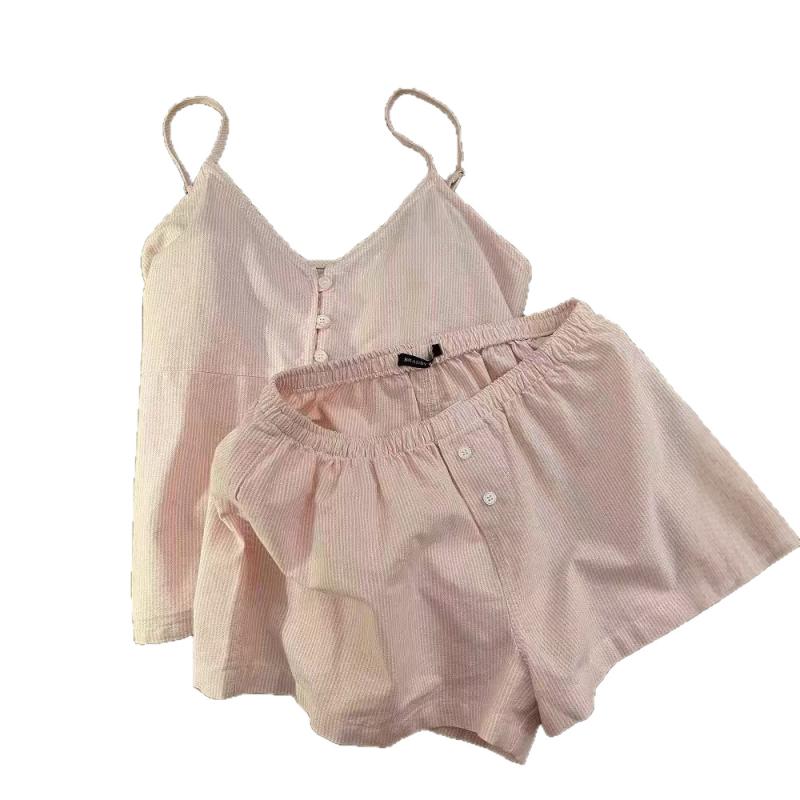 ルームウェア レディース セットアップ ストライプ柄 雲ドット柄 Vネック ノースリーブ ショートパンツ 薄手 接触冷感 吸湿速乾 部屋着 寝間着 パジャマ か...