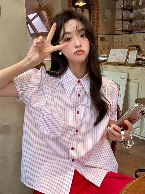 セットアップ レディース ストライプ 半袖 シャツ 高見え スカート 上下 2点 セット 学院風 かわいい レッド 赤 ポリエステル S M L XL(x2)