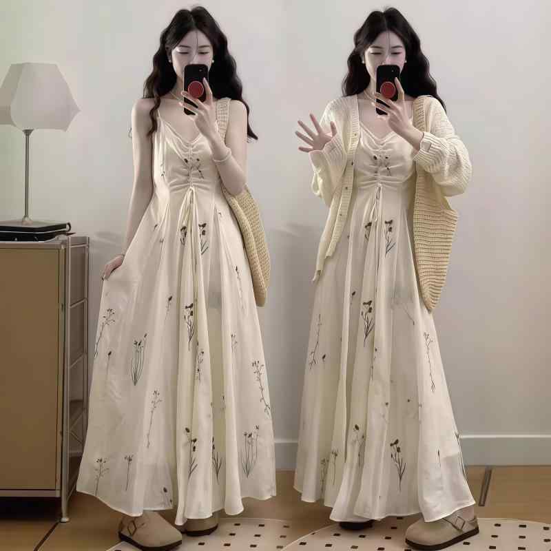 ワンピース レディース カーディガン セットアップ 吊りスカート 韓国風 普段使い 部屋着 ポリエステル 無地 S M L XL XXL XXXL