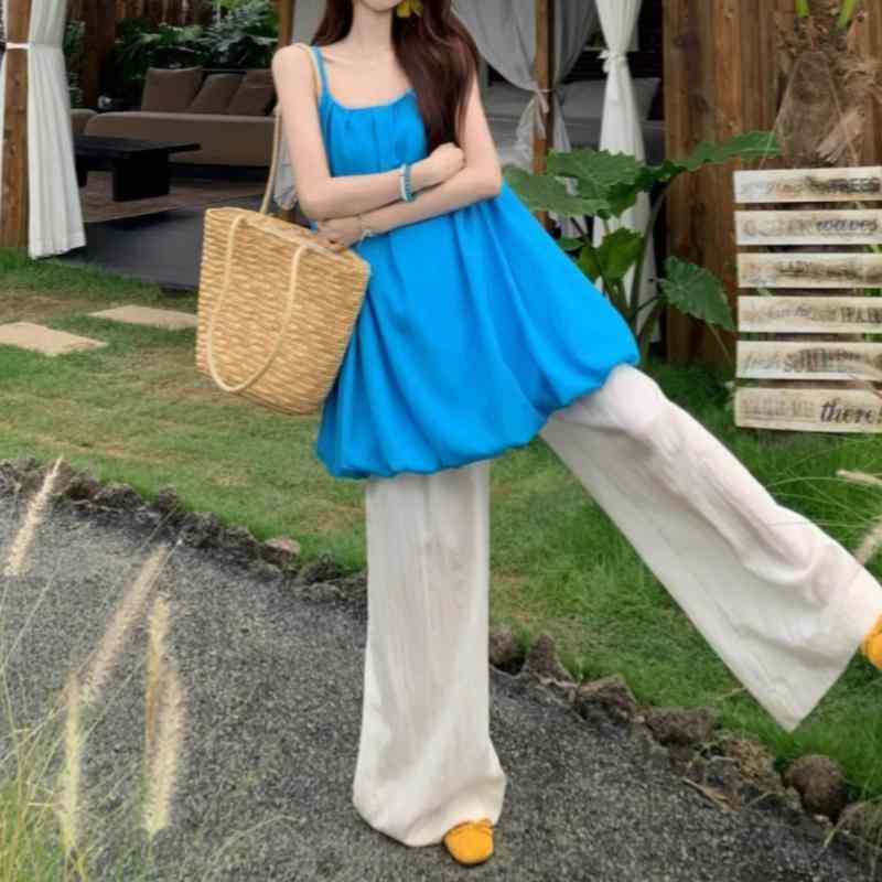 セットアップ レディース 韓国風 2点セット ブルー トップス プリーツ ノースリーブ パンツ ワイドレッグ ポリエステル リラックス カジュアル