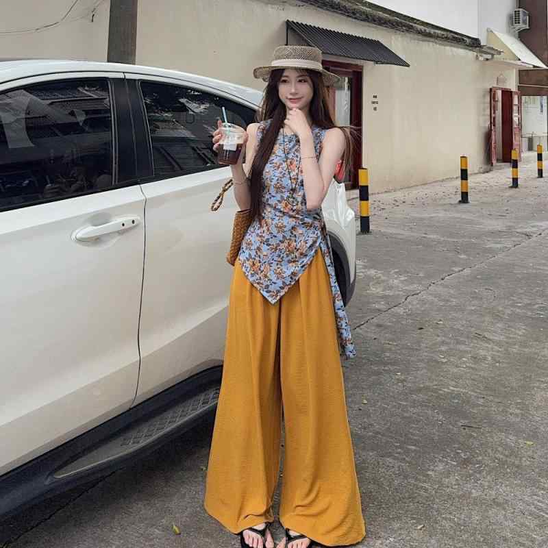 セットアップ レディース 花柄 ノースリーブ トップス ワイドレッグパンツ 上下セット ポリエステル S ..