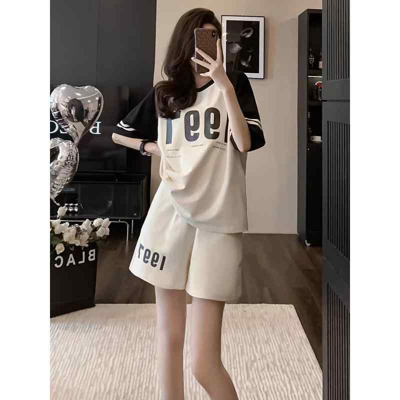 セットアップ レディース 半袖 ショートパンツ スポーティ カジュアル 2点セット プリント ゆったり ポリエステル 普段使い 部屋着