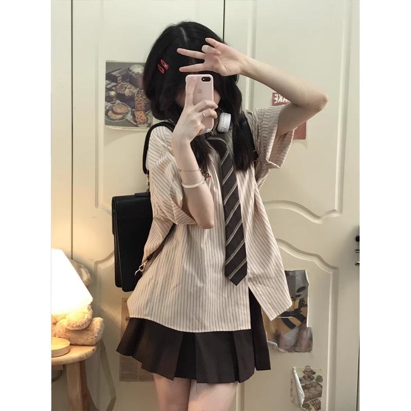 シャツ レディース 半袖 ストライプ柄 ブラウス トップス JK 制服 セットアップ 韓国風 ファッション 学院風 ゆったり ポリエステル グレー/ブラウン カ...