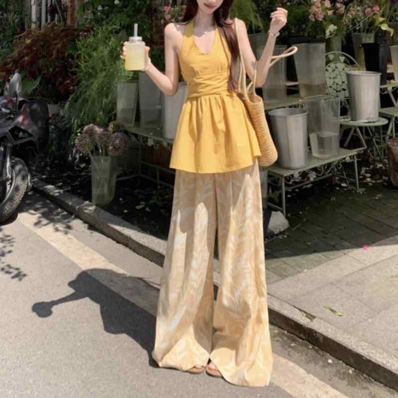 セットアップ レディース 韓国風 ノースリーブ Vネック トップス パンツ 2点セット ポリエステル 切り替え プリント カジュアル 普段使い