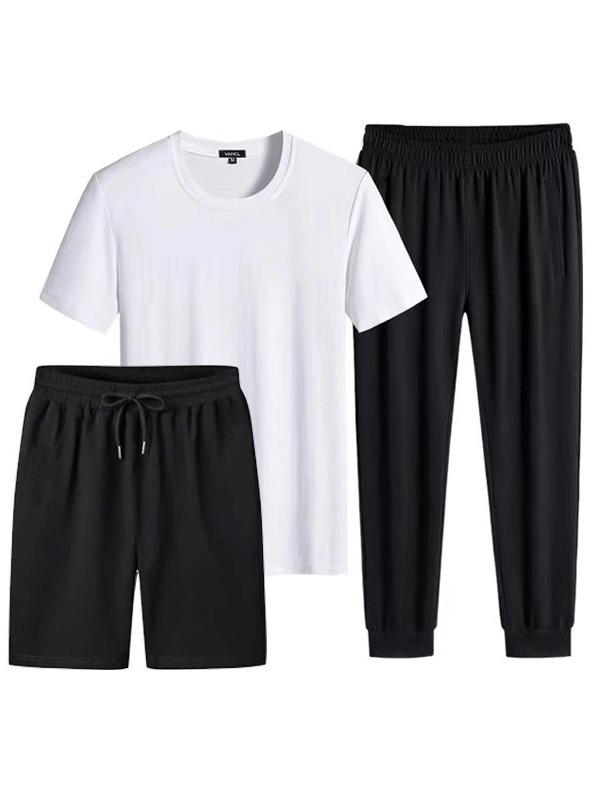 Tシャツ メンズ 半袖 ハーフパンツ 長ズボン 3点 セットアップ 男性用 韓国風 無地 運動着 スポーツウェア ポリエステル ブラック ホワイト