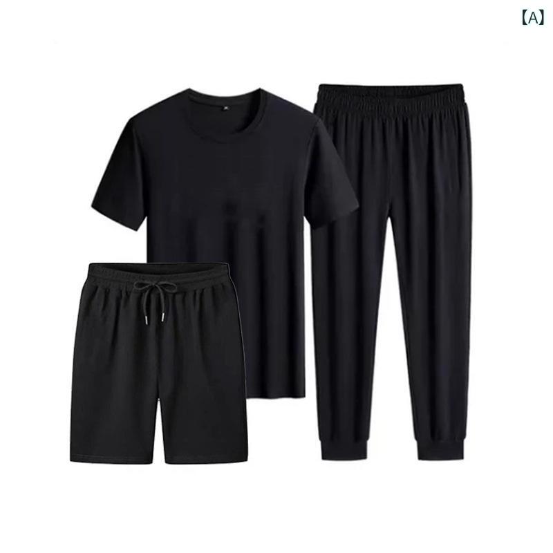 Tシャツ メンズ 半袖 ハーフパンツ 長ズボン 3点 セットアップ 男性用 韓国風 無地 運動着 スポーツウェア ポリエステル ブラック ホワイト