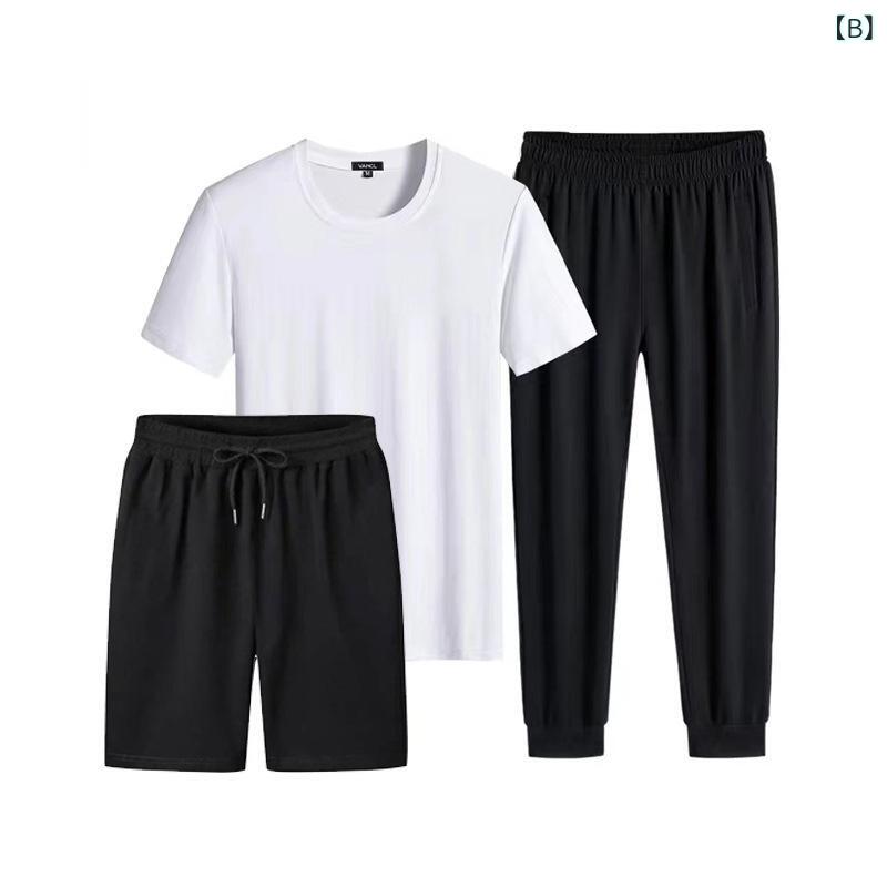 Tシャツ メンズ 半袖 ハーフパンツ 長ズボン 3点 セットアップ 男性用 韓国風 無地 運動着 スポーツウェア ポリエステル ブラック ホワイト