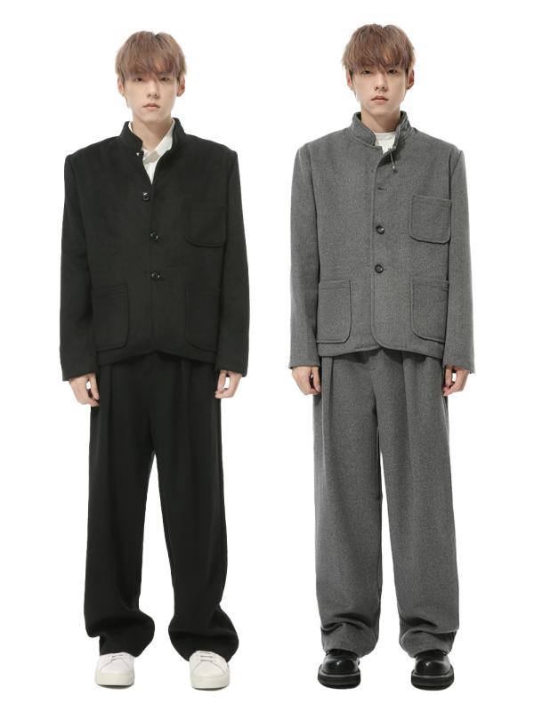 セットアップ メンズ 男性用 韓国風 ウール混紡 スタンドカラー 中華風 多ポケット ライトアウター パンツ 上下セット ブラック グレー カジュアル 普段使い