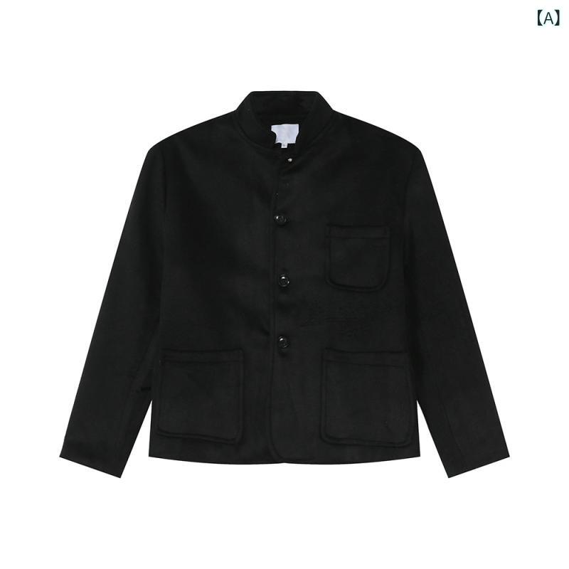 セットアップ メンズ 男性用 韓国風 ウール混紡 スタンドカラー 中華風 多ポケット ライトアウター パンツ 上下セット ブラック グレー カジュアル 普段使い