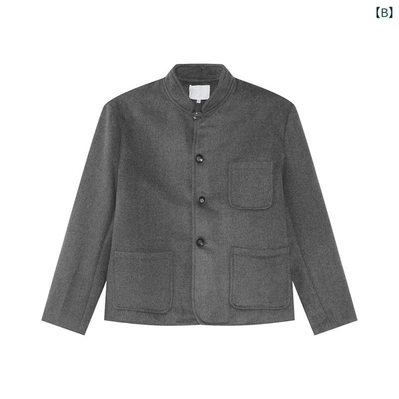 セットアップ メンズ 男性用 韓国風 ウール混紡 スタンドカラー 中華風 多ポケット ライトアウター パンツ 上下セット ブラック グレー カジュアル 普段使い