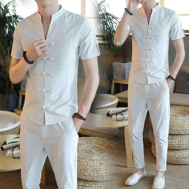 Tシャツ メンズ 男性用 半袖 接触冷感 ポリエステル トップス 長ズボン 上下セット 部屋着 ルームウェア 普段使い ブラック レッド ホワイト ブラウン 春夏