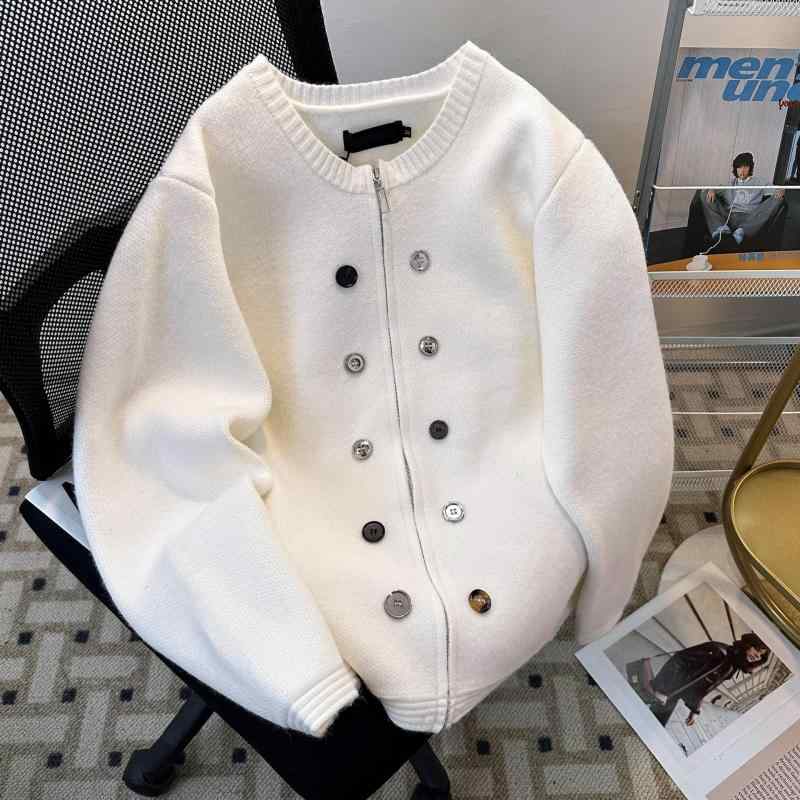 ニット カーディガン メンズ 男性用 丸首 ダブルブレスト 長袖 コットン ポリエステル 秋冬 普段使い 韓国風 ゆったり 白 黒 M L XL 2XL(x2)(4)