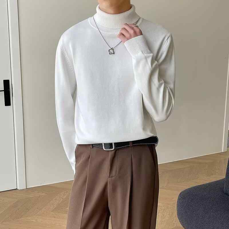 ニット メンズ 男性用 秋冬 長袖 タートルネック 無地 スリム 伸縮性 保温 暖かい 白 黒 緑 オレンジ 青 カーキ ベージュ ブラウン ライトグレー ダークグレー