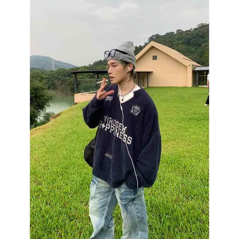 ニット メンズ 男性用 丸首 長袖 コットン ゆったり トップス 韓国風 カジュアル 普段使い 部屋着 伸縮性 ネイビー M L XL XXL