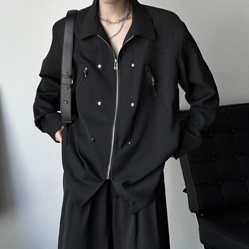 シャツ メンズ 男性用 長袖 構造 金属 ジッパー 垫肩 ポリエステル 宽松 开衫 トップス スプリングコート 羽織り モード系 カジュアル ブラック ホワイト