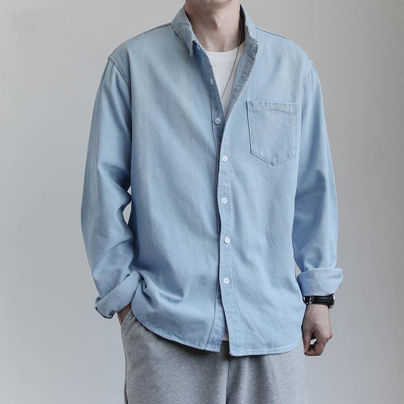 シャツ メンズ デニム 浅ブルー 長袖 カジュアル 襟付き 春秋 薄手 アウター 男性用 トップス ライトブ..