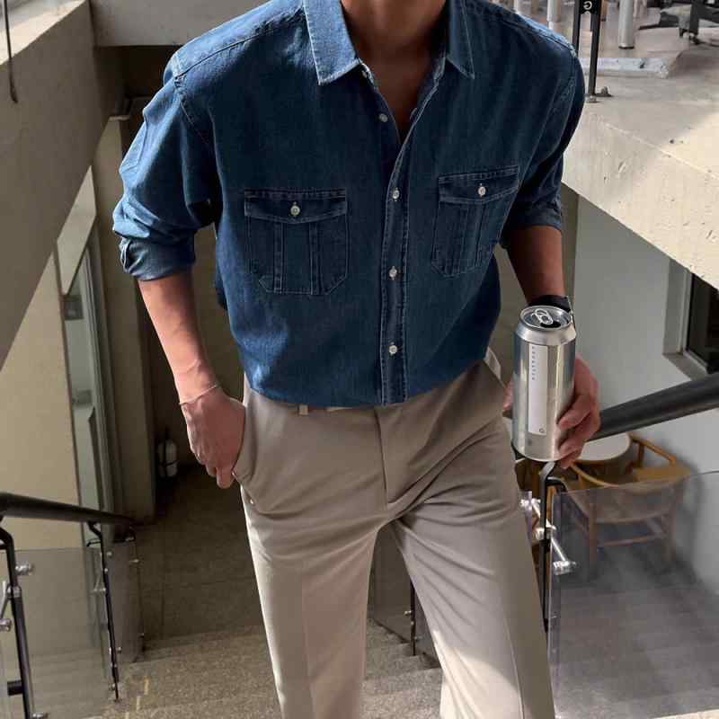 シャツ メンズ デニムシャツ 長袖 コットン 春秋物 日本製 カジュアル トップス ワークシャツ 羽織り ..