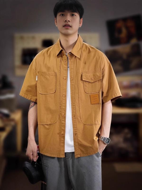 シャツ 男性用 半袖 コットン ゆったり 薄手 カジュアル トップス 羽織り ブラック ホワイト ブラウン ..