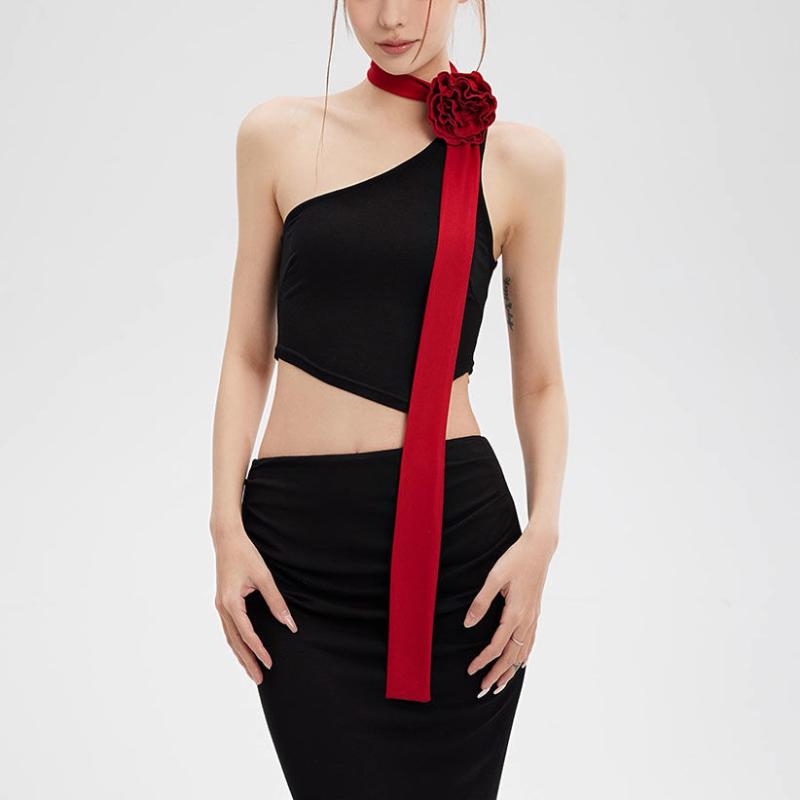 トップス レディース 斜めがけ チョーカー風 ブラック 立体 花柄 キャミソール ポリエステル ノースリ..