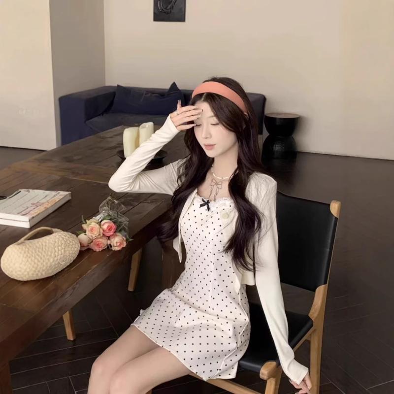 ワンピース レディース 韓国風 ドット柄 キャミソールワンピース カーディガン セットアップ 2点セット 春夏 半袖 膝丈 Aライン フレアスカート かわいい ガーリー