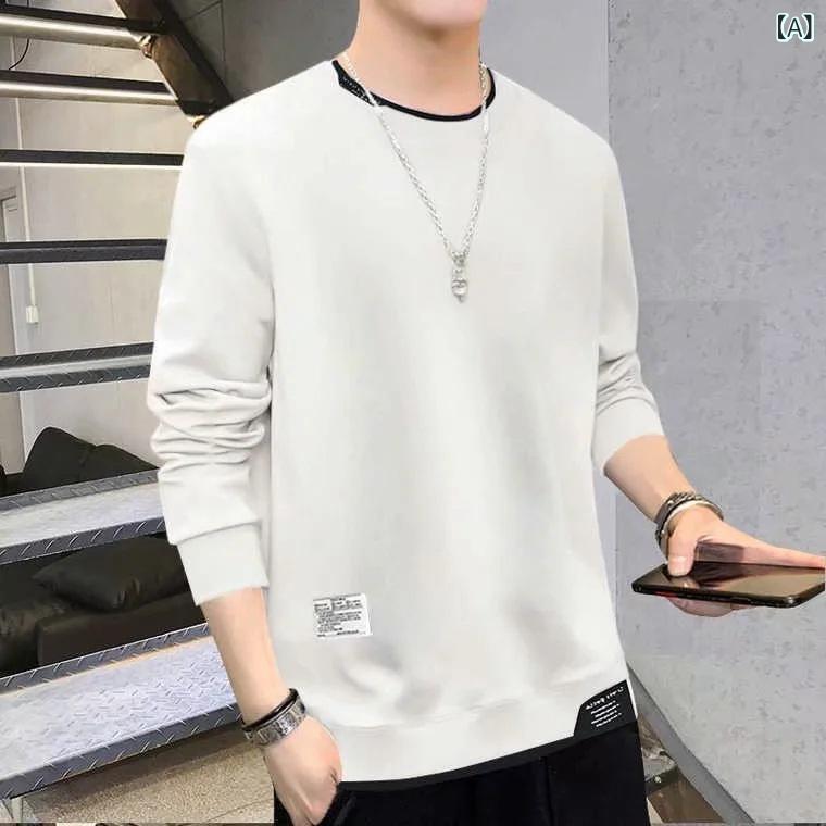 Tシャツ 男性用 長袖 薄手 春物 トレーナー 丸首 ゆったり インナー 韓国風 ポリエステル ホワイト イ..