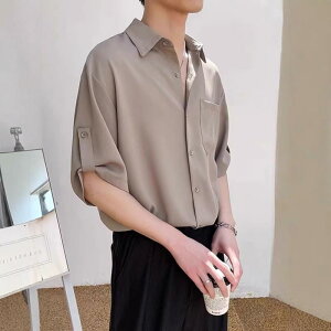 シャツ メンズ 男性用 半袖 トップス ポリエステル 形態安定 無地 薄手 夏服 カジュアル 韓国風 白 黒 カーキ色 M L XL XXL XXXL