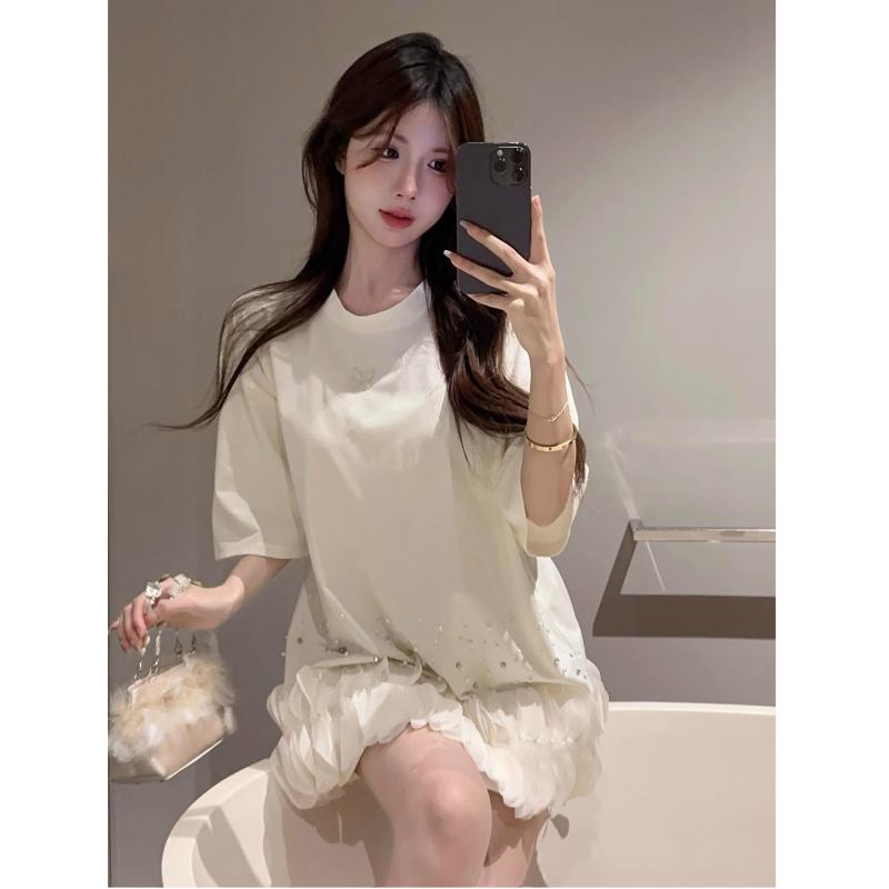 ワンピース レディース 韓国風 Aライン 半袖 ミドル丈 ドリル メッシュ 切り替え スリム ホワイト 春夏