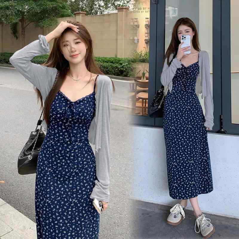 ワンピース レディース 吊りスカート Aライン 2点セット ポリエステル 碎花 高腰 長袖 膝下丈 ミモレ丈..