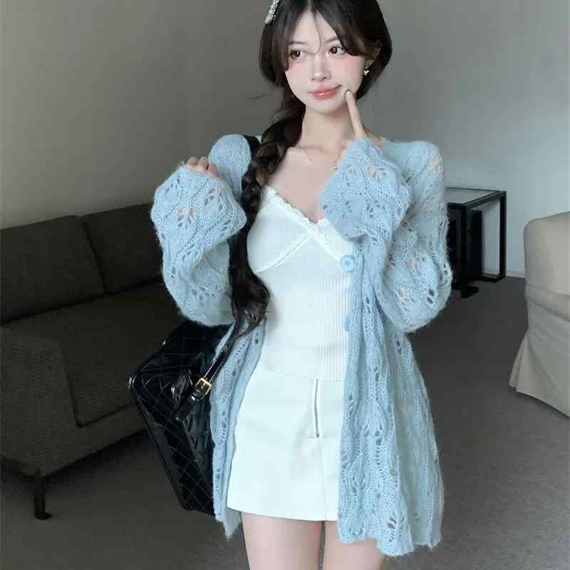 カーディガン レディース 春夏 ニット 薄手 接触冷感 Vネック 長袖 トップス 紫外線対策 মিষ্টি 防晒 ..