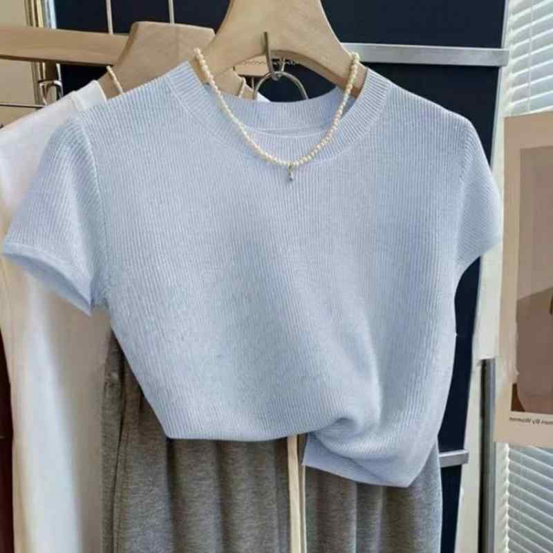 ニット レディース トップス 半袖 Tシャツ カットソー 無地 プルオーバー 丸首 スリム 薄手 ピンク系 ..