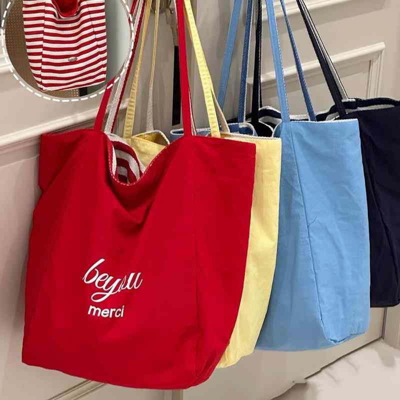 トートバッグ レディース キャンバス ストライプ 大容量 カジュアル ショルダーバッグ ショッピングバッグ 通勤 普段使い