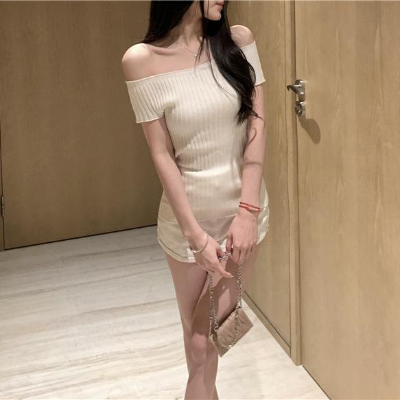 ニット レディース 半袖 一字領 肩出し リブニット スリムフィット 薄手 無地 白 黒 赤 プライベートス..