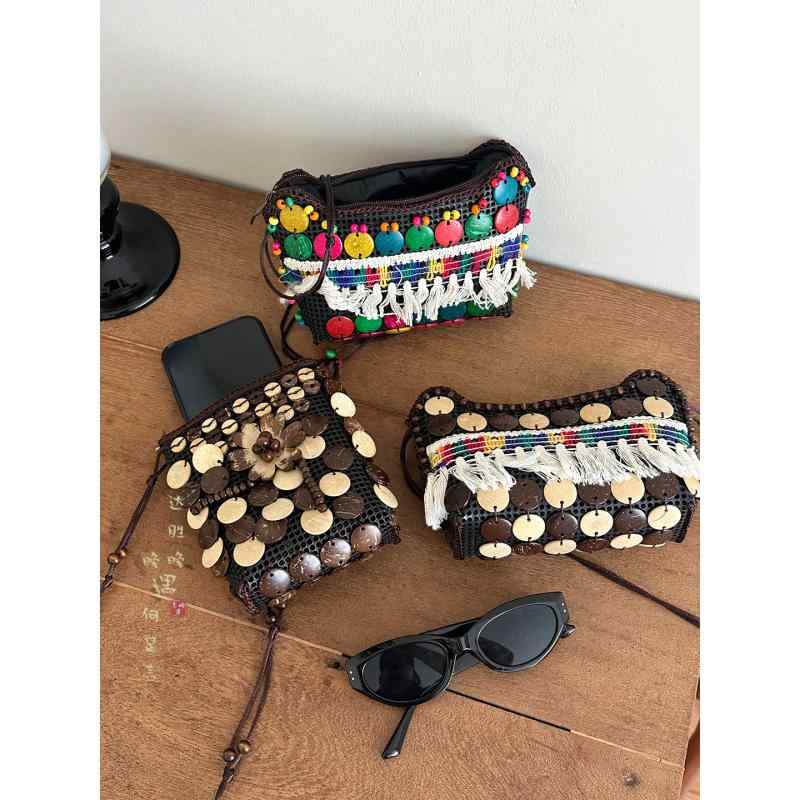 バッグ レディース ショルダーバッグ ココナッツシェル 編み込み タッセル付き エスニック ボヘミアン ..