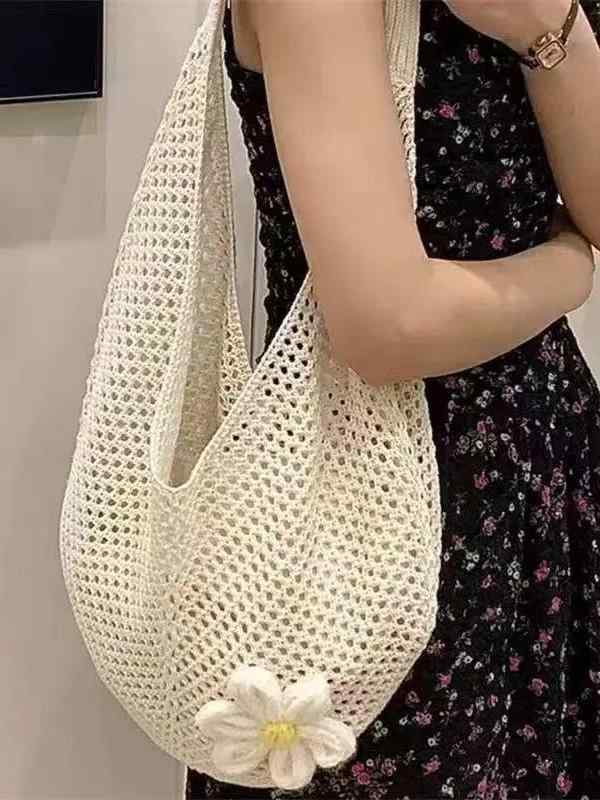 ニット バッグ レディース トートバッグ 通勤 手提げ 肩掛け 大容量 編み込み 花柄 ベージュ カーキ グリーン ピンク