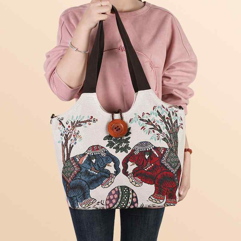 トートバッグ レディース 帆布 斜めがけ 大容量 刺繍 エレファント 木の留め具付き 手提げ 鞄 キャンバス ショルダーバッグ レトロ アジアン ボヘミアン 旅行 白 赤 青