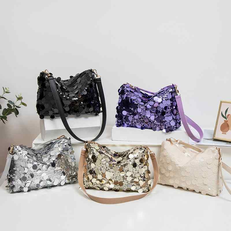 バッグ レディース 新月型 鞄 シャンパン色 シルバー 杏色 紫色 ブラック PUレザー 亮片 スパンコール 肩掛け 斜めがけ カジュアル ストリート