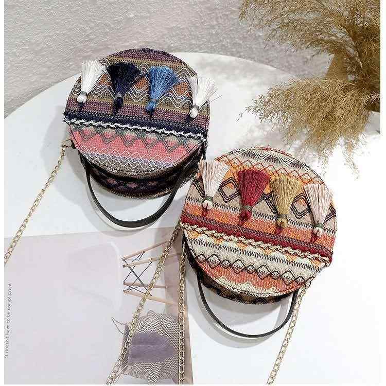 かごバッグ レディース ショルダーバッグ 編み込み 丸型 タッセル チェーン 斜めがけ 普段使い 旅行 お..