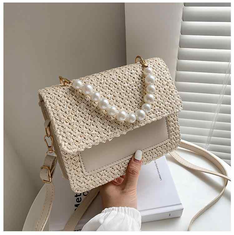 かごバッグ レディース ハンドバッグ ショルダーバッグ パール 飾り 編み込み ミニバッグ 斜めがけ 白 ホワイト ブラウン アーバン シンプル デイリーユース