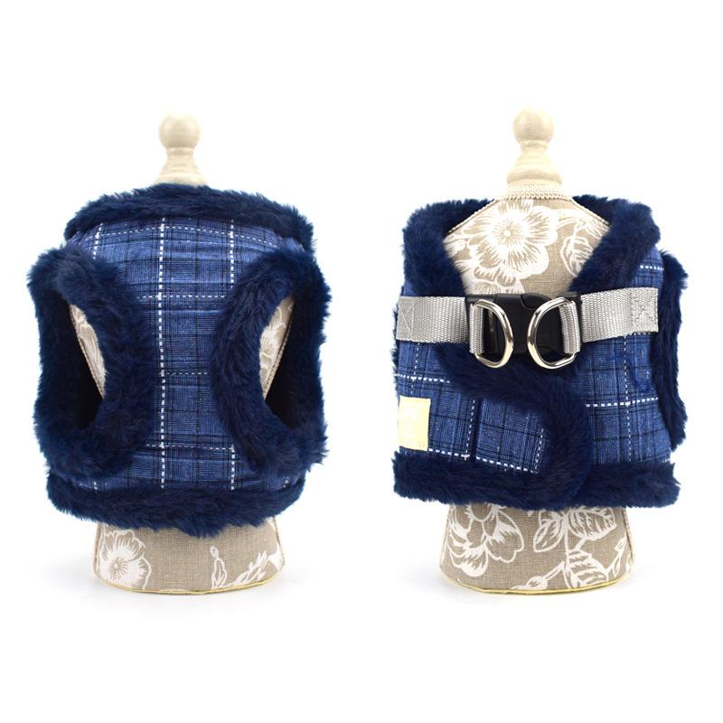 犬用ハーネス ドッグウェア 小型犬 ベスト 牽引ロープ 胴輪 リード 散歩 お出かけ 簡単装着 ポリエステル ブルー グレー 千鳥格子 レッド ブラウン チェック柄