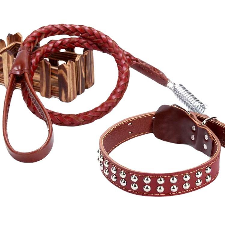 犬 リード 中大型犬用 牛革製 散歩紐 首輪 スプリング 衝撃吸収 ブラック ブラウン