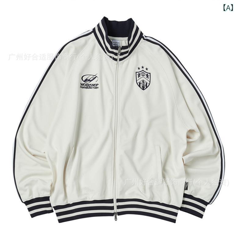 ジャケット 男性用 女性用 レトロ スポーツスタイル コットン カジュアル ラウンドネック 長袖 ホワイ..