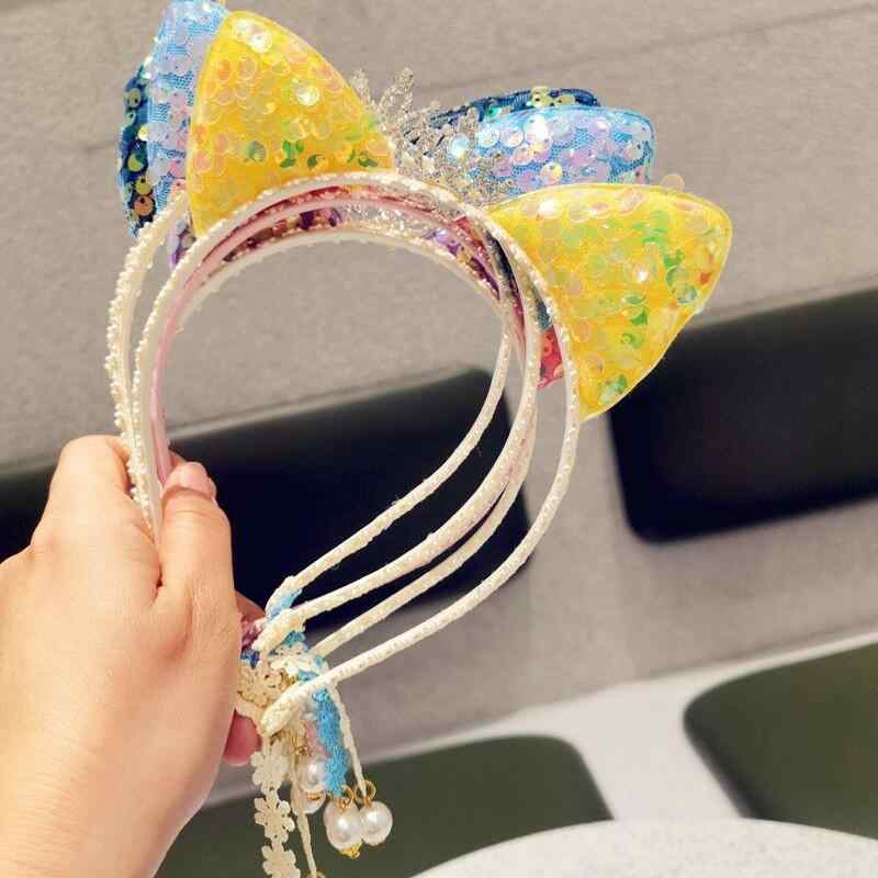 子供用ヘアアクセサリー 猫耳ヘアバンド スパンコール フリンジ パール カチューシャ ヘアフープ パー..
