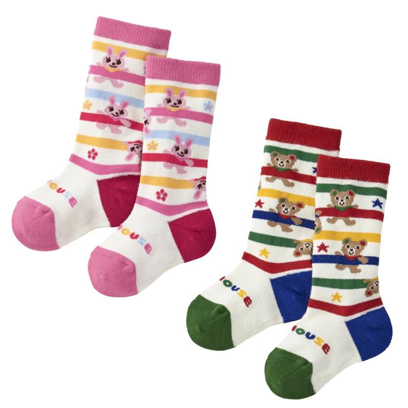 靴下 キッズ ベビー 男の子 女の子 子供 カートゥーン かわいい 小熊 小兔 ストライプ 切り替え ロング..
