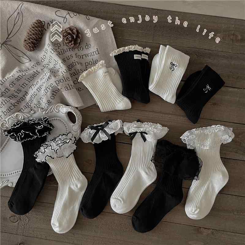 靴下 キッズ 子供 黒白 プリンセス風 ショートソックス 花柄 レース リボン 通気性 綿 秋