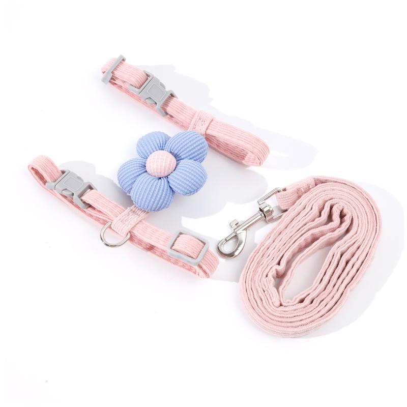猫用 ハーネス リード 小型犬 猫 兼用 花柄 ポリエステル 調節可能 散歩 お出かけ ベスト式 胴輪 牽引ロープ かわいい グリーン ブルー ピンク(x2)