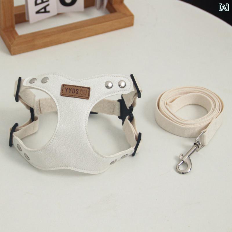 ペット 小型犬 PU レザー 犬用 牽引ロープ ハーネス リード お散歩グッズ テディ ビション 白色 黒色 S..