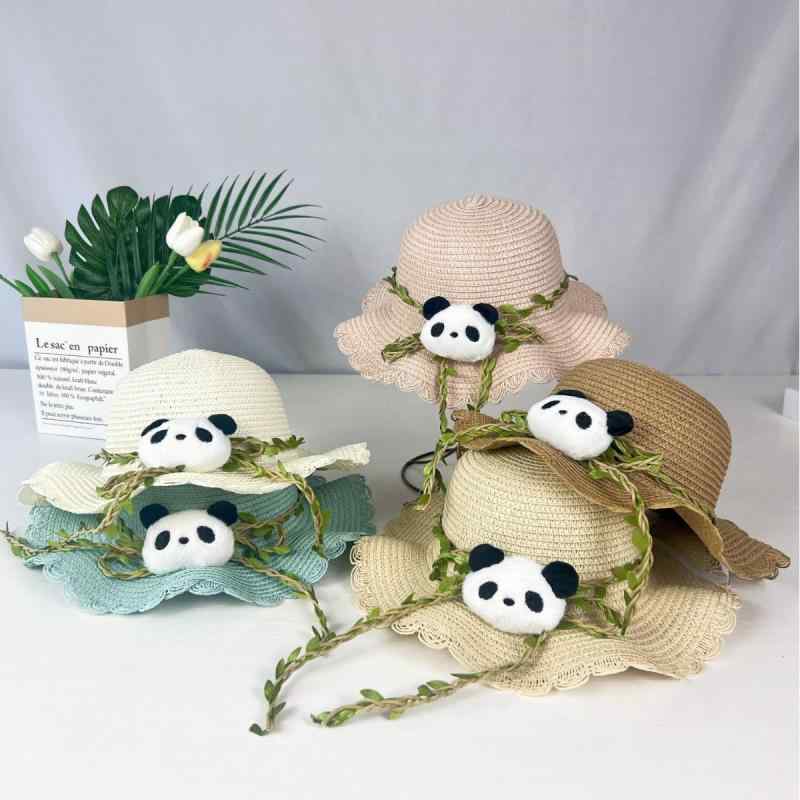 麦わら帽子 キッズ 子供用 パンダ アニマル リーフ柄 UVカット 日焼け止め 通気性 遮光 あご紐付き 春..