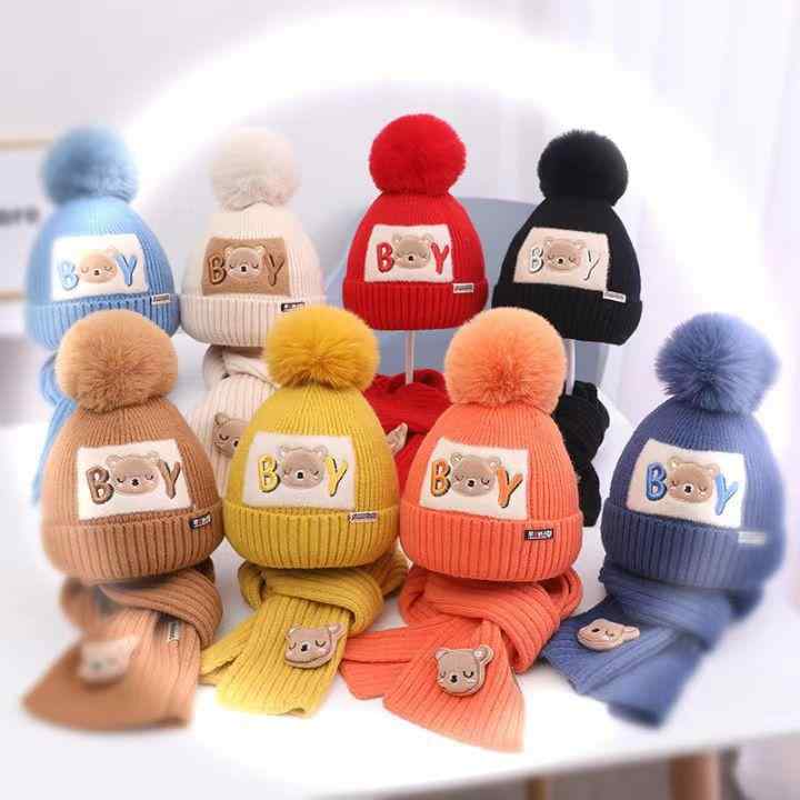 帽子 キッズ 秋冬 小熊 ニット帽 女の子 子供用 防寒 暖かい ベビー 毛糸 帽子 マフラー 2点セット か..