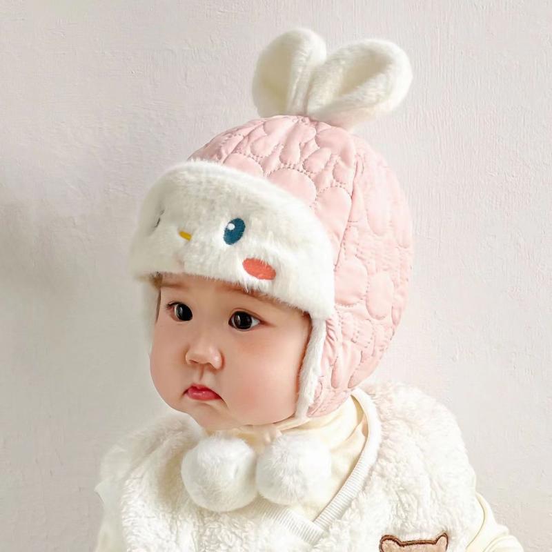 帽子 ベビー 秋冬 かわいい ダブル ボンボン 子供用 防寒 耳当て ニット帽 乳幼児 あご紐つき うさぎモ..